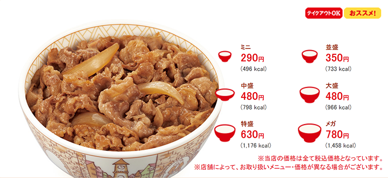 6 kích cỡ của món gyudon